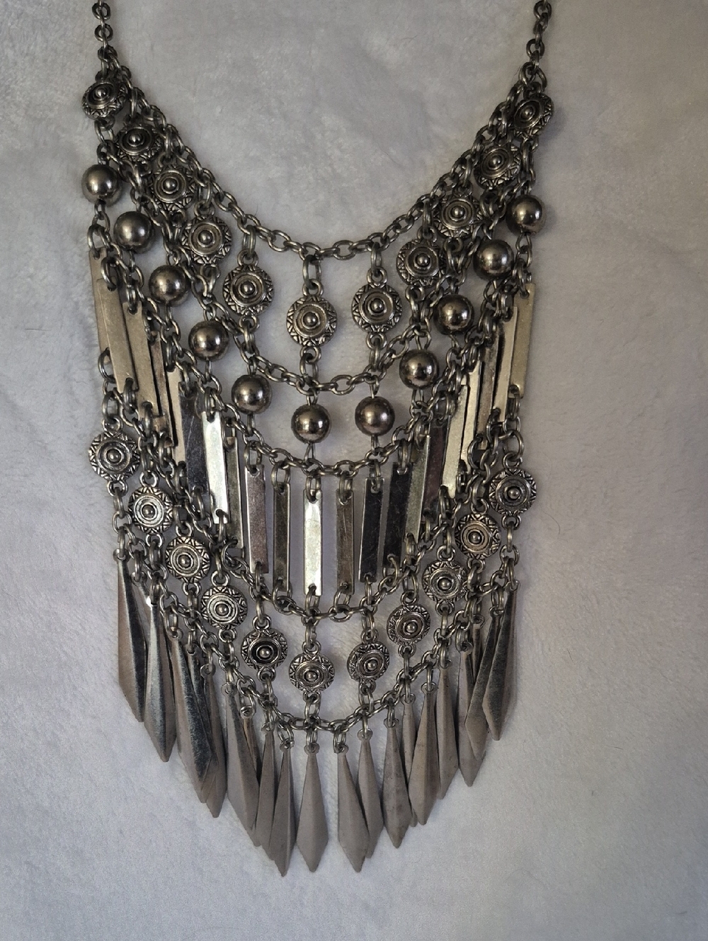 Silver Layered Boho Fringe Statement Necklace